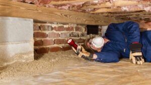 A traditional home inspector using a flashlight to inspect