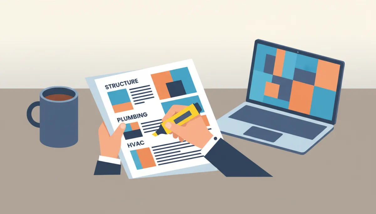 Homebuyer highlighting and organizing a home inspection report into categories Homebuyer highlighting and organizing a home inspection report into categories